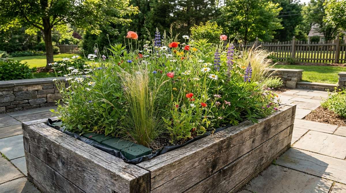 A rustic wooden box filled with dense wildflowers, lined with plastic and floral foam or chicken wire, showcasing visible grain and weathering for a casual boho wedding decoration.