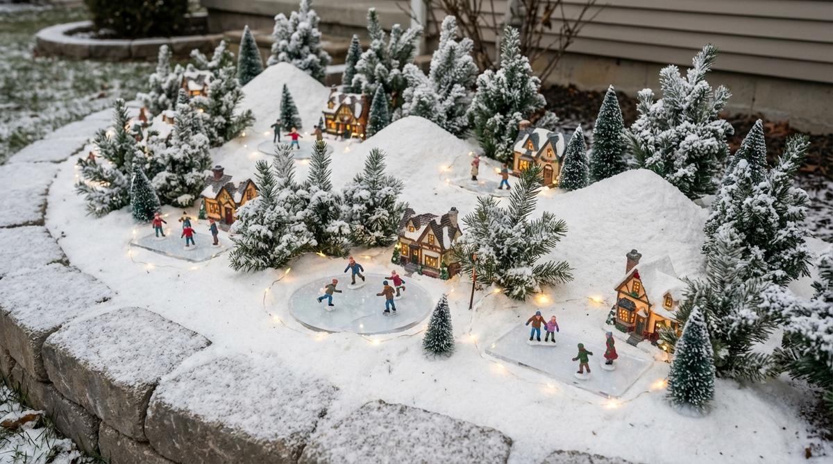 A miniature winter village garden scene featuring simulated snow made from white sand or epsom salt, evergreen sprigs as snow-dusted trees, miniature ice skating rinks with tiny figures, and warm LED lighting against a monochromatic white landscape. Ideal for holiday displays without living plants.