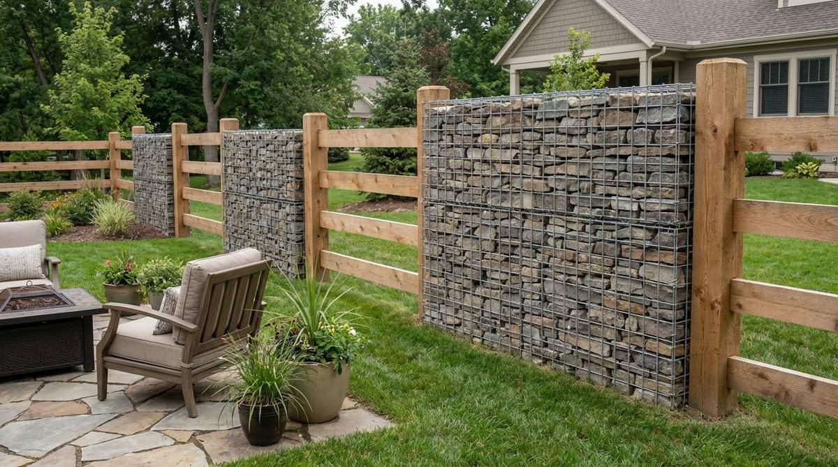 A hybrid fence design combining timber posts and rails with gabion panels for structural support and visual contrast, suitable for transitional architecture and eclectic landscapes.