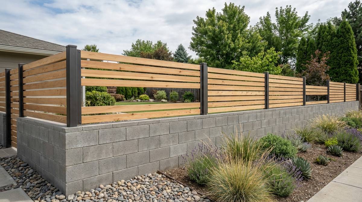 A contemporary garden fence design featuring stacked concrete blocks forming the lower section with horizontal wood slats floating above. The solid concrete base provides security while the upper wood sections maintain views and allow light to pass through. This hybrid design allows for drainage at ground level while screening upper sightlines, with proportions that can be varied based on privacy needs.