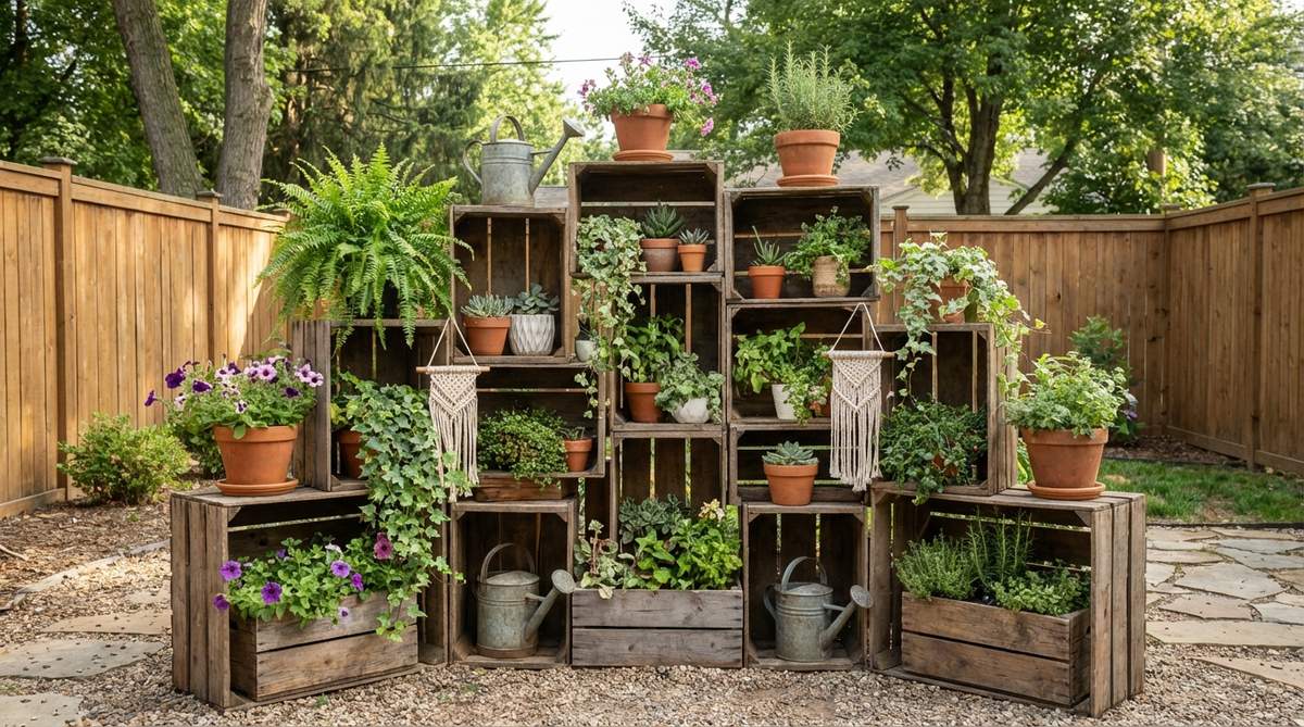 A vertical garden made from stacked vintage wooden crates, showcasing rustic texture and natural drainage for modular planting in boho decor.