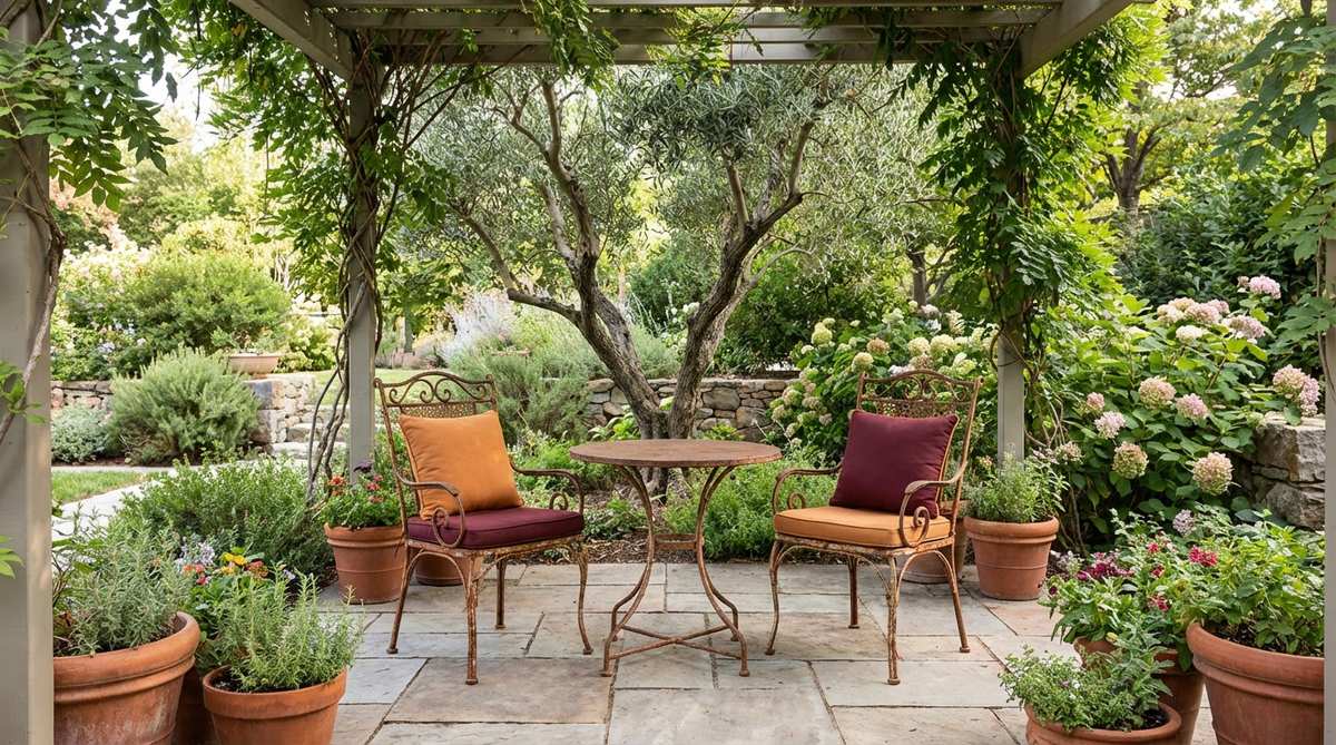 Ornate wrought iron bistro furniture with warm orange and burgundy cushions positioned beneath a pergola or tree for natural shade, showcasing Mediterranean cafe culture with authentic rust patina details.