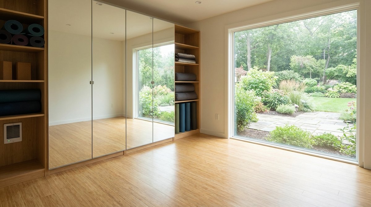 A serene yoga and meditation retreat space inside a modern garden shed, featuring bamboo flooring, full-length mirrors, radiant floor heating, and built-in storage for mats and props. The insulated interior provides a quiet, distraction-free environment for mindfulness practice, with sufficient space for practitioners to extend fully with clearance on all sides.