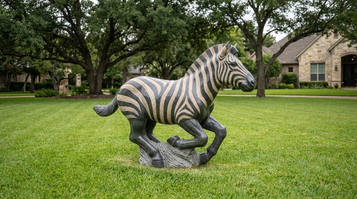 A stylized granite sculpture of a zebra in mid-stride, carved from dual-toned stone with dark granite and polished light veins that naturally suggest stripe patterns. This contemporary garden sculpture conveys kinetic energy and movement, designed for open lawn areas where its dynamic form can be appreciated from a distance.