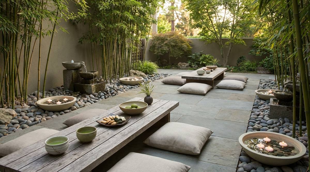 A minimalist garden party setup featuring bamboo plants, river rocks, and simple green foliage creating a tranquil atmosphere. Low tables with neutral-toned floor cushions provide contemplative seating arrangements. Water features like small fountains and floating candles in wide bowls add auditory and visual serenity. Green tea and light Japanese-inspired snacks are served on simple ceramic ware, perfectly suited for small spaces with Zen aesthetics emphasizing simplicity and negative space.