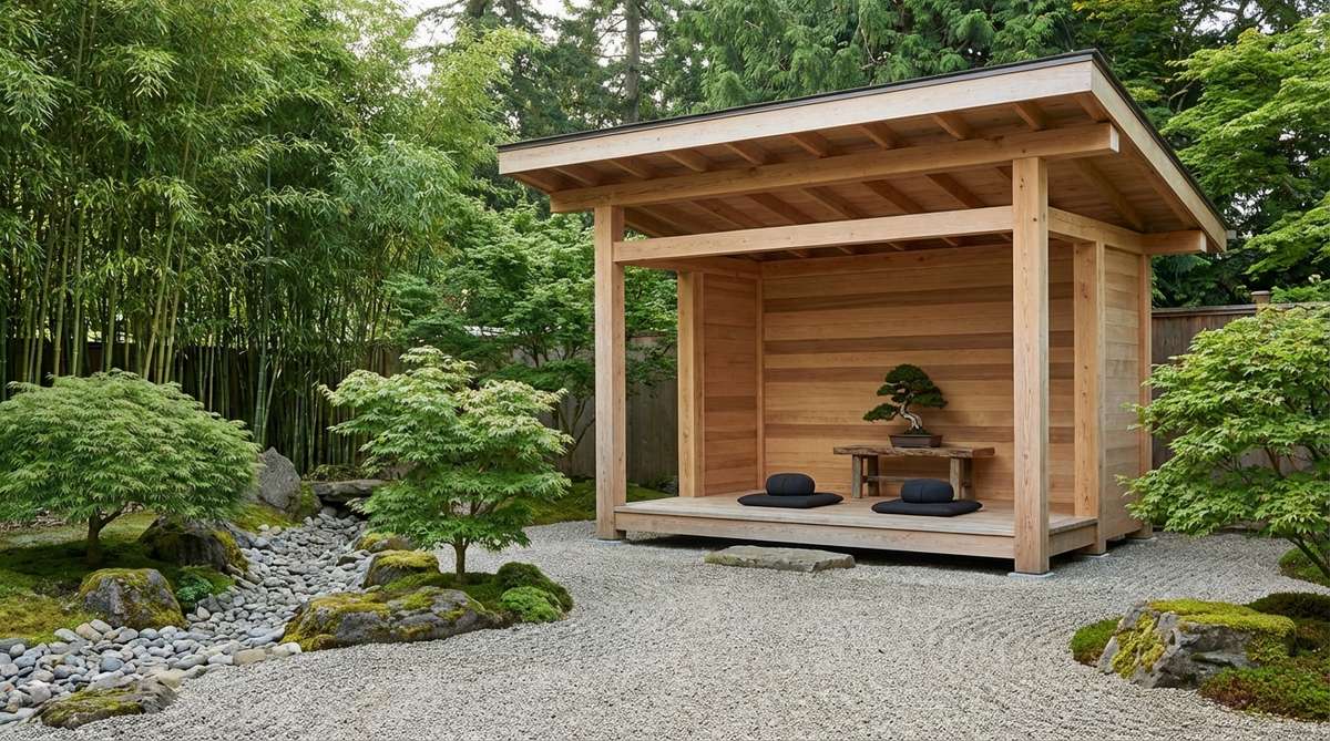 A simple post-and-beam construction with clean horizontal lines reflecting Japanese architectural principles, featuring natural wood finishes and minimal ornamentation to create serene visual calm in a garden setting. This Zen meditation shelter is designed for Asian-inspired gardens with raked gravel, bamboo, and carefully pruned specimens, with an open-sided design that invites viewing of interior elements like meditation cushions or bonsai displays.