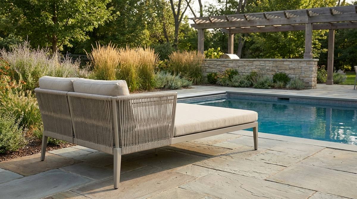 A contemporary aluminum rope daybed with woven synthetic rope in neutral tones, perfect for poolside relaxation with quick-drying surfaces and rust-resistant aluminum frame.