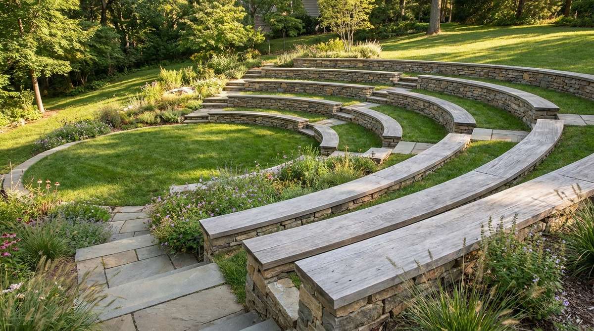 A garden design featuring curved terraces carved into a slope to create an outdoor amphitheater with natural seating. The terraces serve as bench seating with smooth stone or timber caps, providing excellent sightlines toward a stage area at the base. This design transforms steep banks into functional entertainment spaces with built-in seating, eliminating the need for furniture storage.