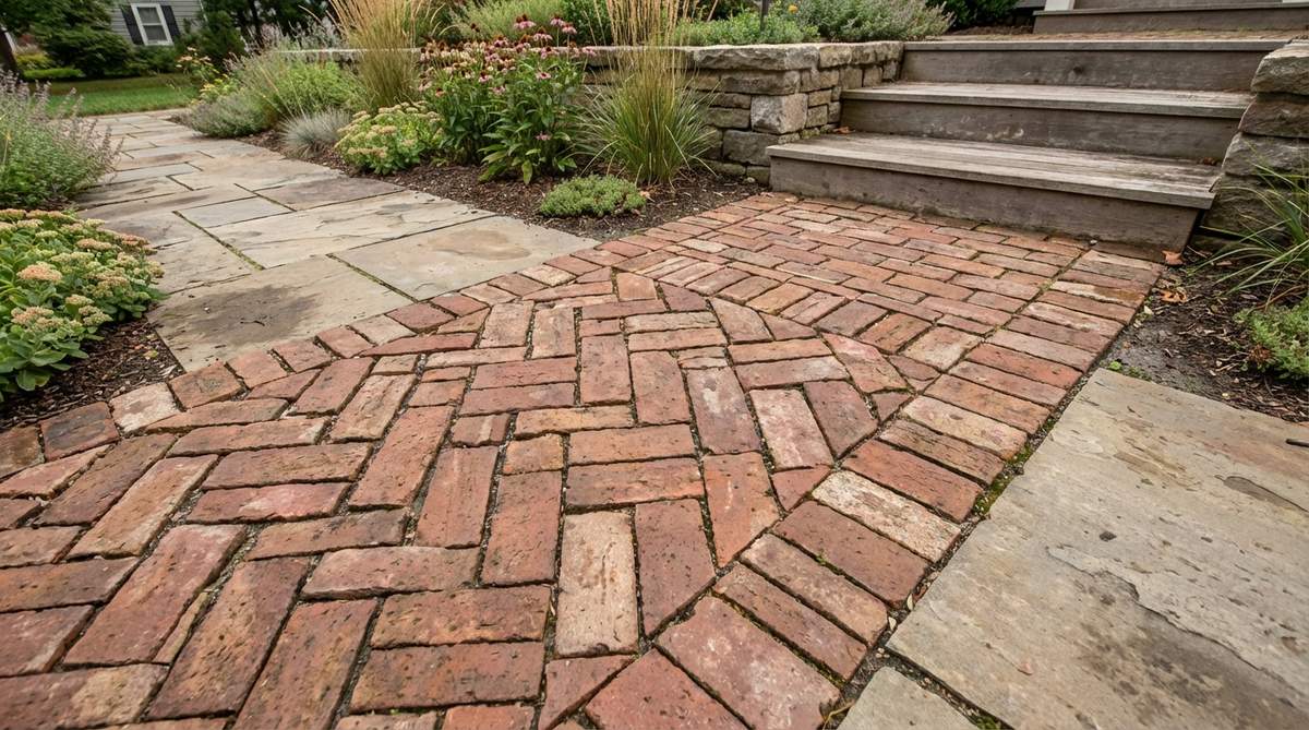A close-up view of bricks arranged in an angled header course, placed perpendicular to a garden path direction to create a cross-grain texture. This design element signals transitions between garden zones, providing tactile feedback and visual cues for spatial hierarchy, often used at intersections, entrances, or before steps to mark thresholds and contrast with adjacent stretcher-course paving.