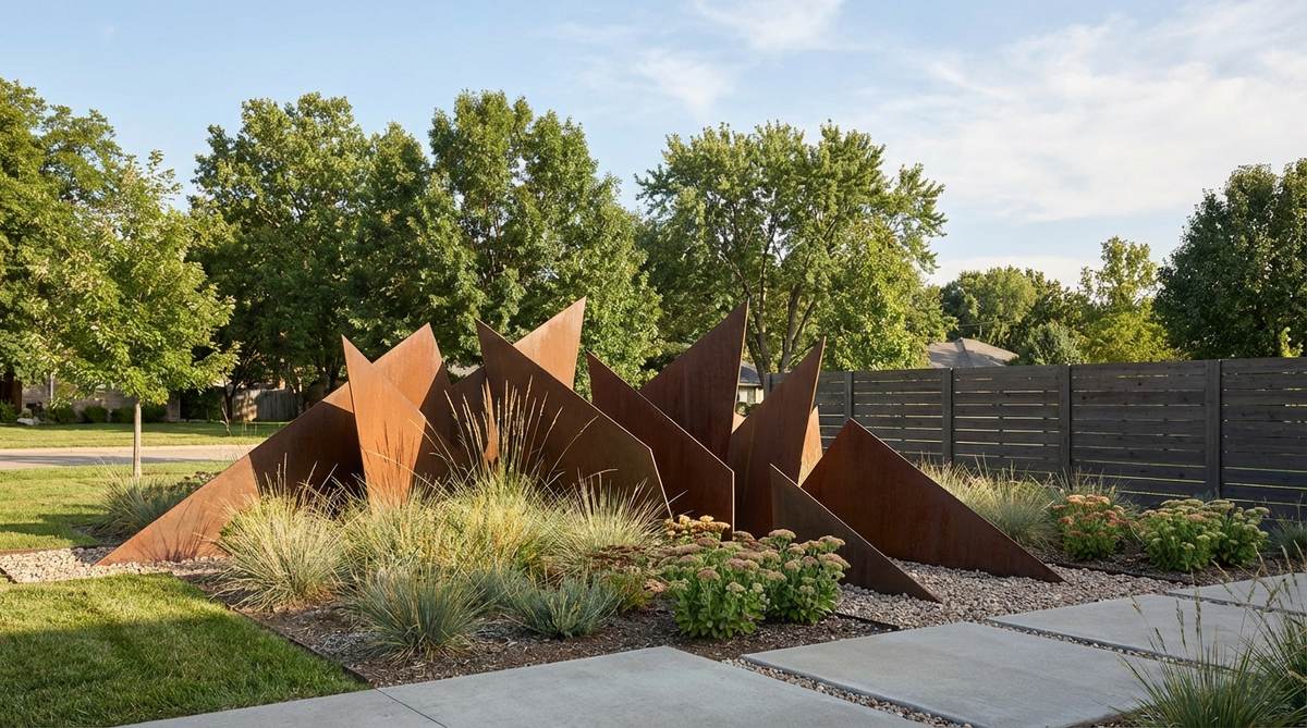 A modern garden sculpture featuring sharp-edged metal fragments emerging from the ground at dramatic angles, evoking geological upheaval or crystalline growth. This angular shard composition creates tension and energy in planted settings, with steel plates anchored deep into foundations for stability. Ideal for bold contemporary gardens, it introduces controlled chaos as a focal point that challenges traditional landscape aesthetics.