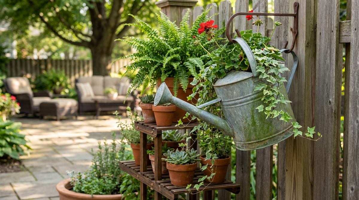 A vintage galvanized or copper watering can with patina used as a charming planter for trailing ivy, ferns, or seasonal flowers in a boho decor setting, displayed on a tiered plant stand or hung from fence hooks.