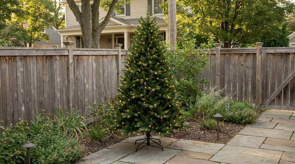 A weather-resistant artificial tree with pre-lit decorations, featuring a powder-coated frame and UV-protected foliage for consistent appearance in outdoor decor.