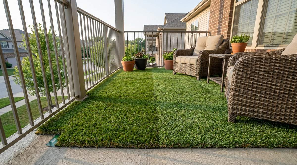 Modern synthetic grass panels installed on a balcony, featuring realistic varied blade heights and brown thatch for a natural lawn appearance. The panels are custom-cut to fit around railings and secured with outdoor-rated double-sided carpet tape, creating an easy-clean surface ideal for pet owners.