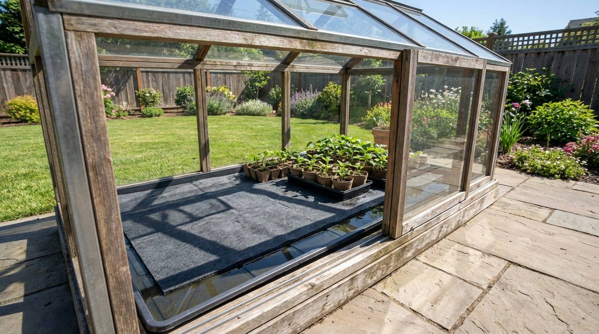 A capillary mat watering system in a mini greenhouse, showing how the absorbent mat draws water from a reservoir tray to provide consistent moisture to seedlings through capillary action. This passive watering system eliminates daily maintenance while preventing drought stress and overwatering.