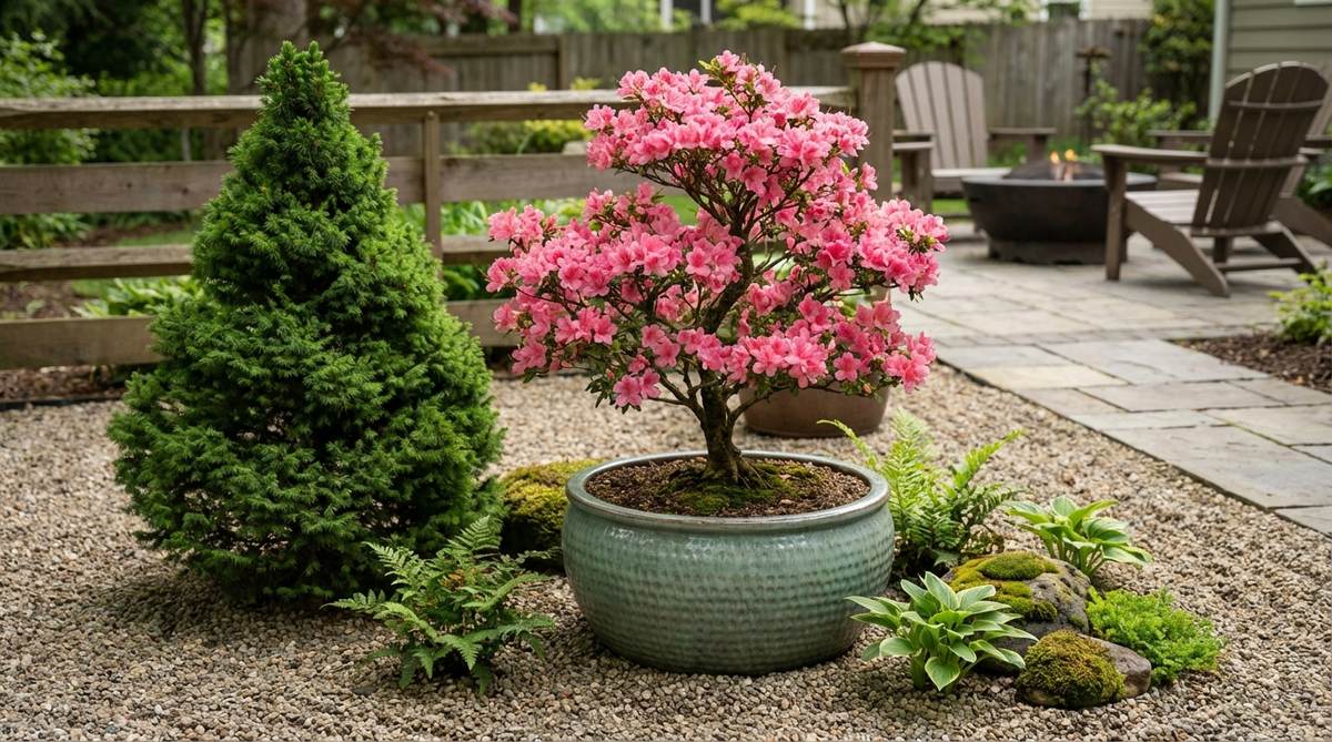 A dwarf Azalea bonsai with vibrant pink flowers positioned beside an evergreen specimen in a Zen garden setting, showcasing seasonal companion planting with complementary celadon glaze container.