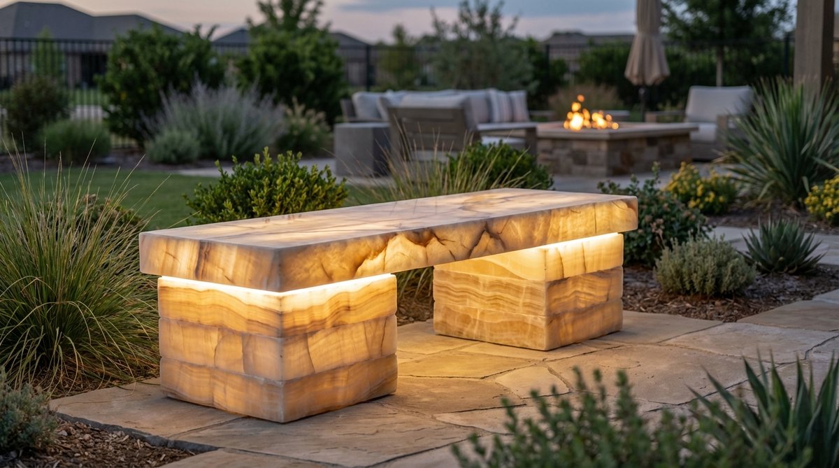 A modern stone garden bench made from thin slabs of translucent stone like onyx or alabaster, illuminated from beneath by LED strips to create a dramatic glowing effect in contemporary landscapes. The backlighting reveals the stone's natural veining and hidden patterns, making it an expensive but striking accent piece for evening focal points.