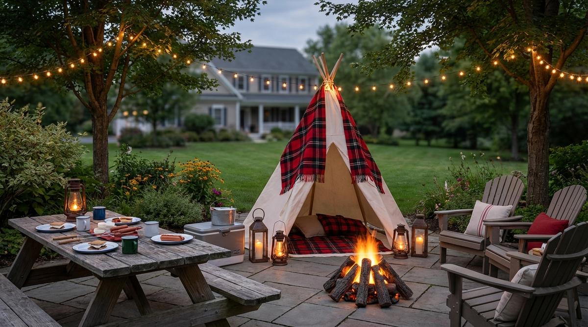 A cozy backyard campout party featuring a small tent or teepee as the centerpiece, decorated with plaid blankets, lanterns, and an LED faux campfire. The scene includes enamelware camping dishes with s'mores and hot dogs, string lights overhead to mimic stars, creating a wilderness ambiance for an adventure-themed gathering in a home setting.