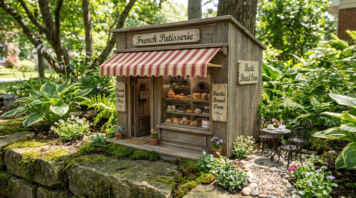 A detailed miniature bakery shop featuring a striped canvas awning that shades a display window filled with sculpted pastries and breads. Painted signage highlights specialties like French patisserie or rustic bread oven. Ideal for fairy village settings, it pairs well with other shops and café seating areas to create an outdoor dining atmosphere.