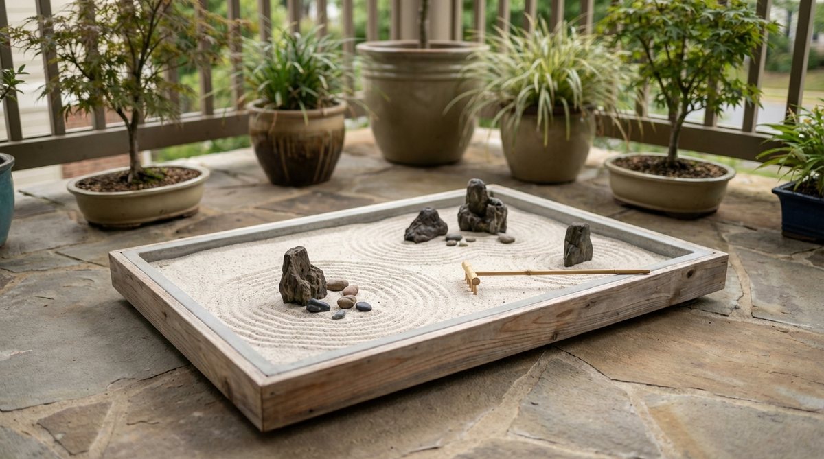 A modern Japanese rock garden in a shallow tray, featuring miniaturized rock arrangements on fine sand with small pebbles, designed for apartment balconies or small patios, with a cedar or concrete tray measuring 24x36 inches and a small rake for pattern changes, illustrating portable karesansui principles.
