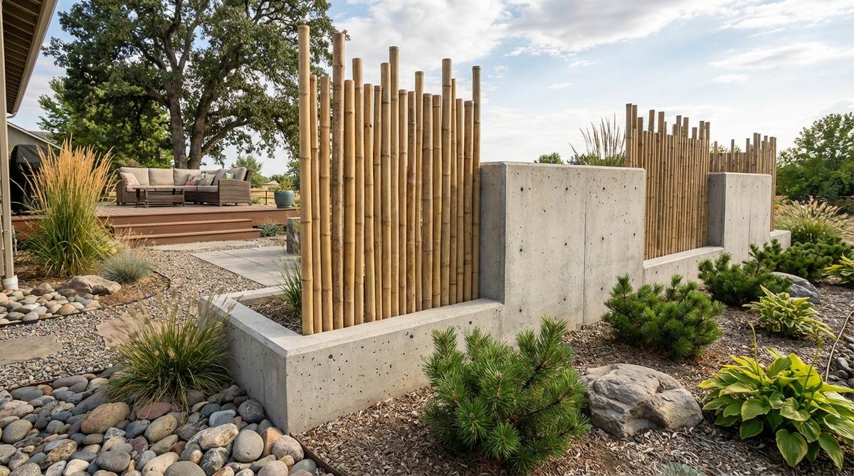 A modern Zen garden border element combining vertical bamboo culms with poured concrete. Bamboo poles of varying heights (4-6 feet) are set in formwork with concrete poured around their bases, creating a hybrid structure that merges organic texture with structural stability. This composite design offers both visual definition and physical garden boundaries in contemporary Zen garden applications.