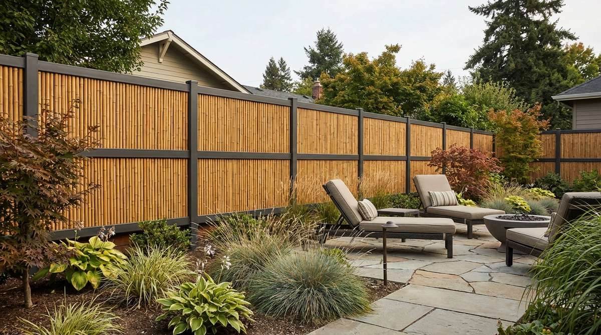 A contemporary garden fence featuring natural bamboo slats within dark steel frames, showcasing sustainable materials with modern design. The golden tones of treated bamboo contrast effectively with the dark metal structure, suitable for zen-inspired or tropical landscape themes.