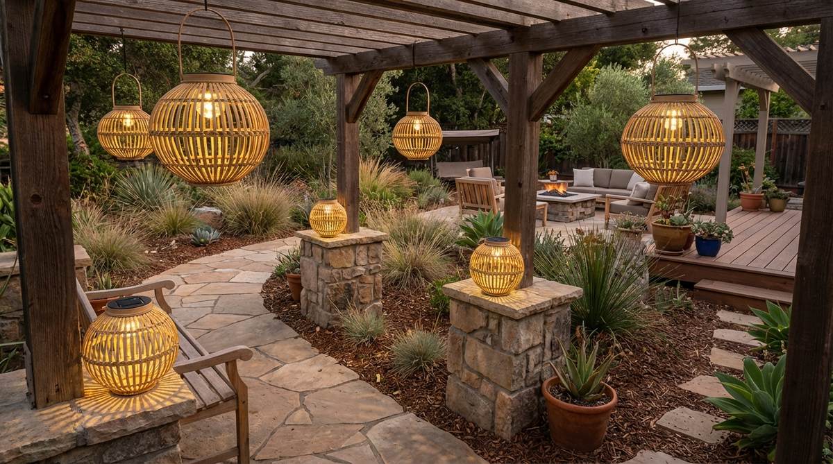 Sustainable bamboo woven solar lanterns with natural fiber construction and integrated solar cells, creating soft dappled lighting patterns ideal for tropical and bohemian outdoor decor themes.