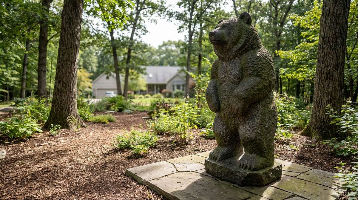 A majestic stone bear sculpture carved in an upright standing posture, showcasing impressive height and powerful presence. This garden statue features rough-textured granite or basalt that mimics fur density, creating dramatic silhouettes against natural backgrounds. Perfect for woodland edges or rustic garden settings where bears feel ecologically appropriate, this sculpture requires stable foundations and careful placement consideration.