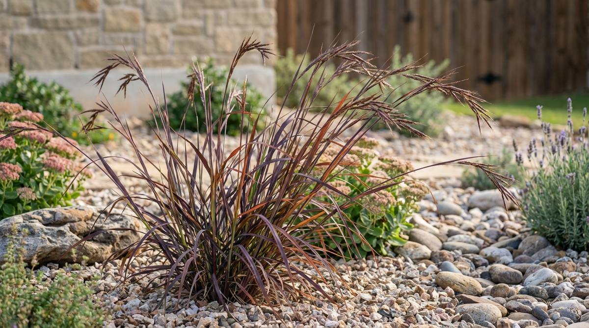A close-up image of Andropogon gerardii 'Blackhawks', a tall prairie grass with distinctive purple foliage that darkens in summer and turns copper-red in fall, showcasing its turkey-foot seedheads in a gravel garden bed setting.