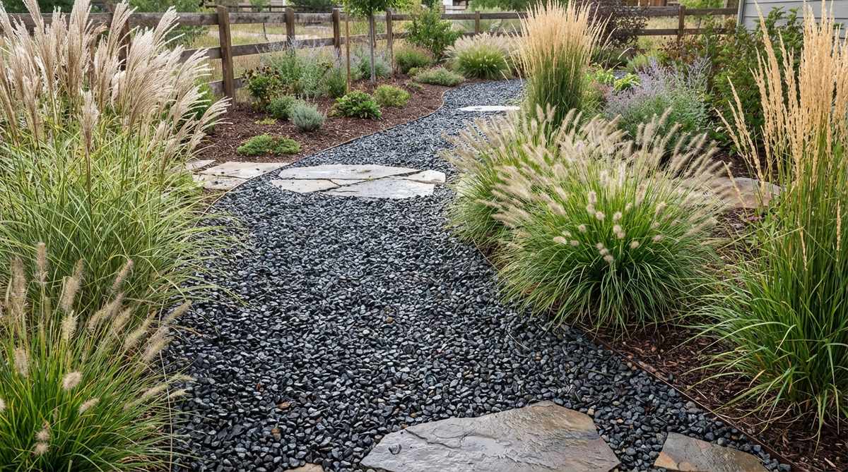 Dark volcanic basalt gravel creating dramatic contrast in a garden path, showcasing angular 3/8 to 3/4-inch stones that intensify in color when wet. The black gravel provides heat retention benefits and pairs beautifully with architectural grasses like Miscanthus and fountain grass for vertical interest.