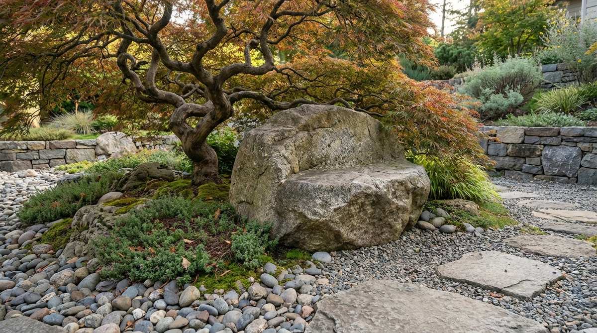 A large stone positioned adjacent to a specimen tree in a stone garden, creating a unified focal point that combines permanent and living elements. The boulder is placed outside the tree's drip line to avoid root damage, serving as seating for contemplation.