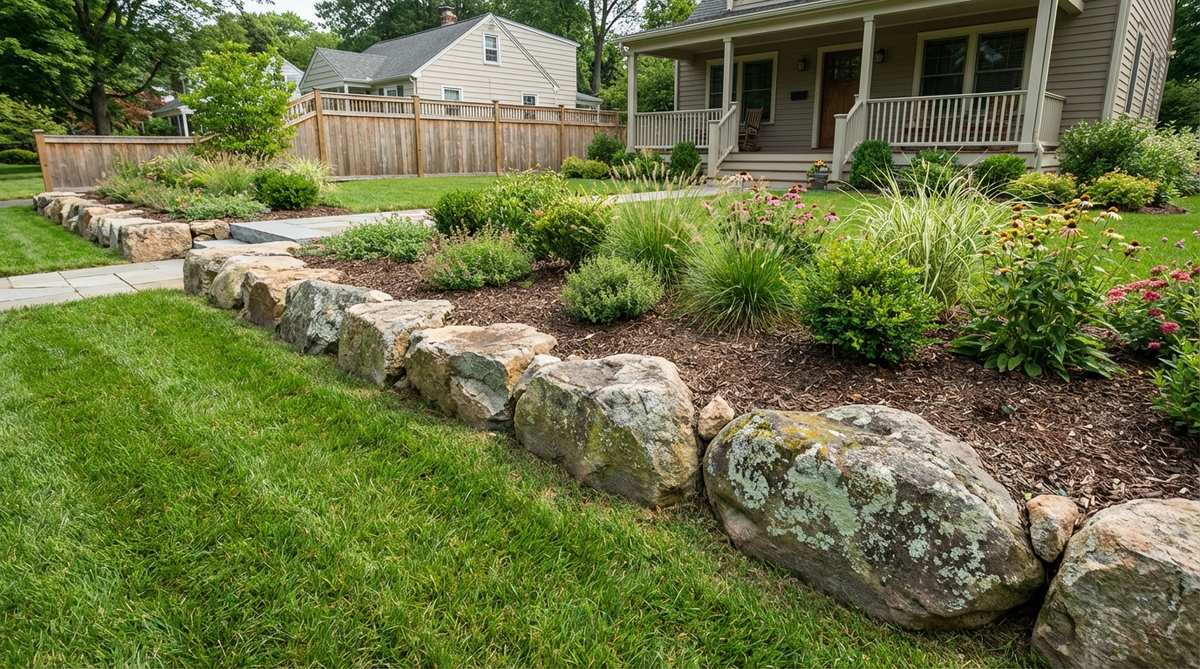 A low-profile garden edging created with large boulders (200-500 pounds) arranged in a single course, showcasing natural weathered faces and lichen growth. The boulders are partially buried for stability, providing a substantial border with minimal excavation.