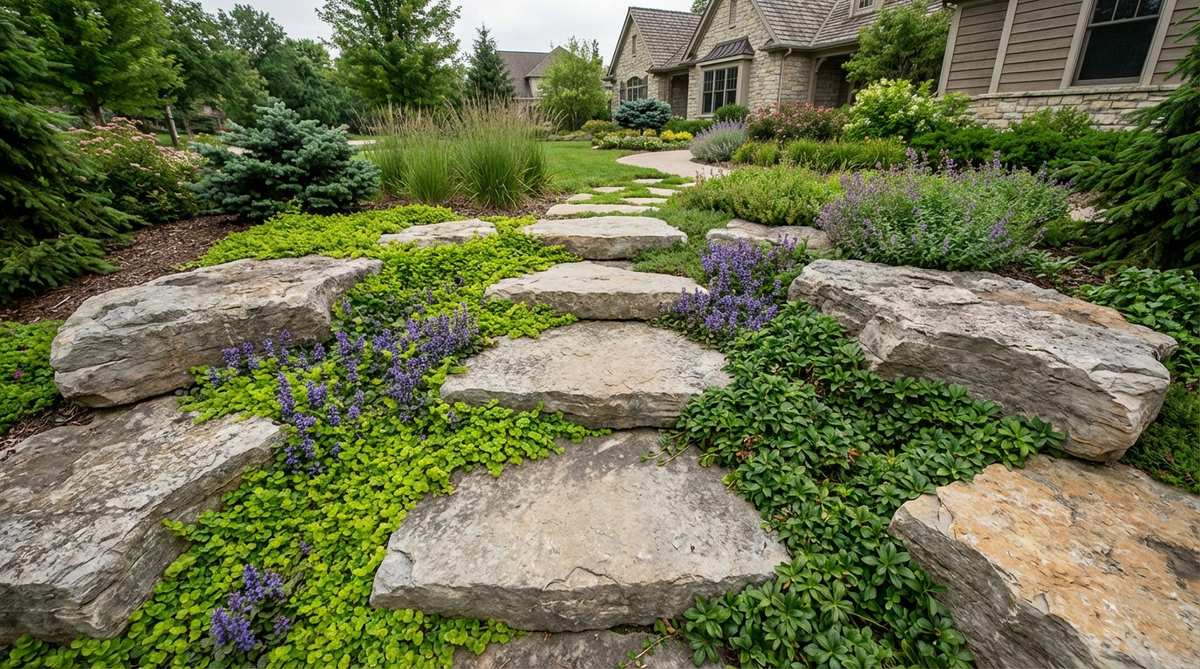 A garden design featuring large flat-topped boulders used as stepping stones, with low-growing ground cover plants like creeping jenny, ajuga, or pachysandra filling the spaces between them. This bold and sculptural approach is suitable for larger properties, creating a dramatic and low-maintenance landscape installation.