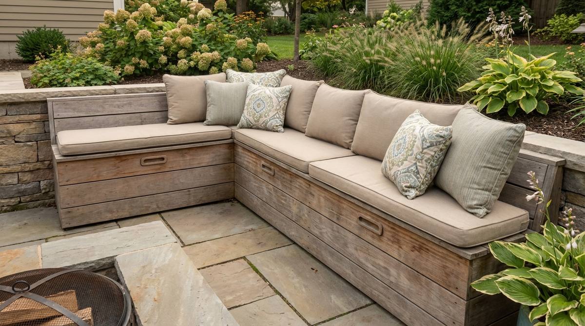 A permanent built-in corner bench installed along walls in a small garden, featuring weather-resistant materials like teak or cedar, lift-up seats for storage, and dimensions optimized for comfort and space-saving.