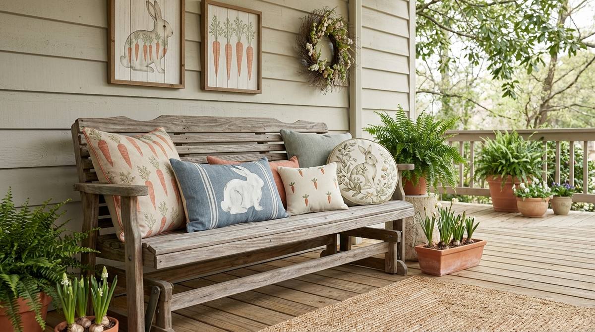 A vibrant Easter outdoor decor setup featuring coordinated bunny and carrot themed pillows arranged on a porch bench or glider. The pillows display playful yet sophisticated motifs in complementary color palettes, with varied scales and pattern densities. This decorative arrangement creates a cohesive narrative for Easter celebrations, enhanced by matching door hangings or wall art to reinforce the festive theme throughout the porch area.