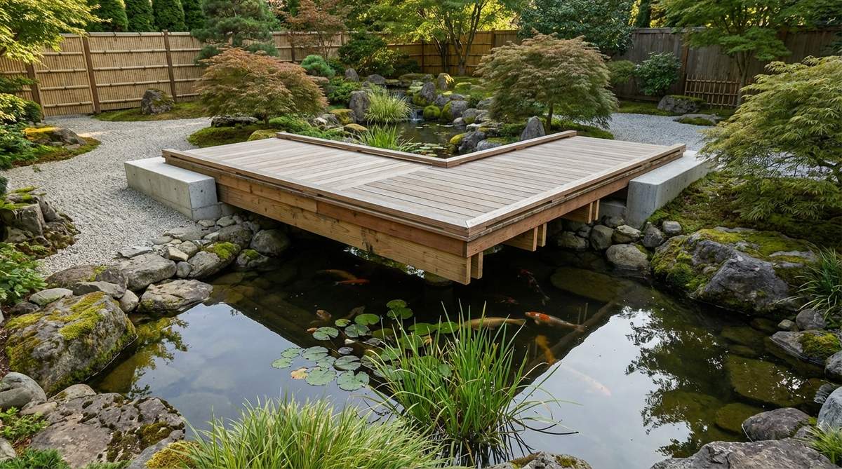A cantilevered deck bridge extending from a single bank in a zen garden, showcasing engineering principles that project a platform 4-6 feet over water without support posts. The design allows fish and aquatic plants to thrive undisturbed while providing observation points, with the structure anchored to concrete footings and using doubled joists for strength.