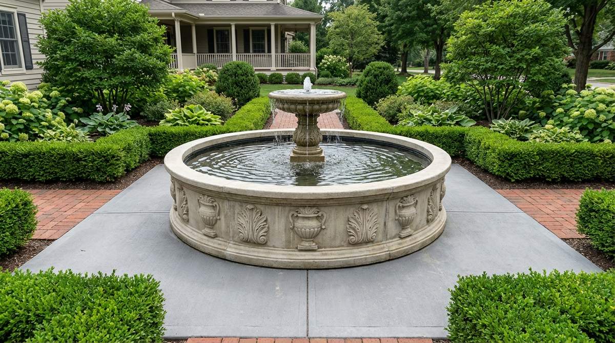 A cast stone fountain basin with classical detailing, positioned on a level concrete pad in a formal garden. The composite material replicates traditional carved limestone while offering better freeze-thaw resistance. Water cascades into the basin, creating concentric ripples that add movement to the garden space.