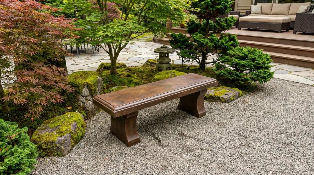 A cast stone bench with hand-applied patina finish creating rich brown tones, positioned in a Japanese garden setting. The bench replicates the appearance of aged granite with intricate textures, complementing hardscape elements on patios or pool areas while being lighter for easier installation.