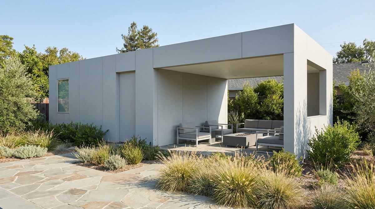 A minimalist garden structure with smooth, painted fiber-cement panels used as cladding, showcasing weather-resistant and moisture-resistant properties for a clean, modern aesthetic.