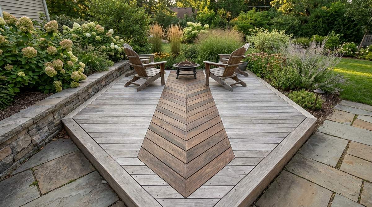 A small garden deck with a chevron pattern installed at the center, creating a visual anchor and seating focal point. The V-shaped configuration points toward a garden view, demonstrating precise cutting and framing for dramatic impact in limited space.