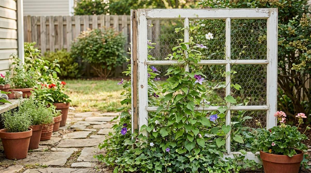 A vintage window frame repurposed as a garden trellis with chicken wire stretched across it, supporting climbing plants in a small garden setting.