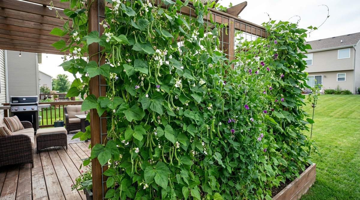 A vertical garden trellis wall supporting climbing beans, peas, and cucumbers with white and purple flowers, designed to maximize space and attract pollinators, creating a lush privacy screen in summer.