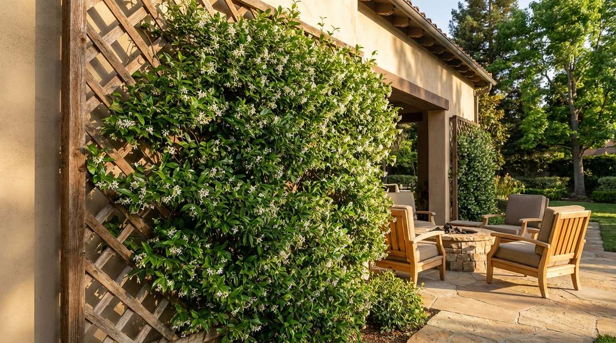 A lush star jasmine vine trained on a wooden trellis against a Mediterranean-style wall, showcasing evergreen foliage and fragrant white blooms that provide privacy screening and evening fragrance in garden seating areas.