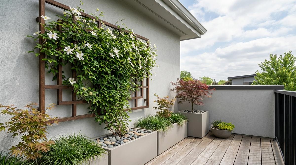 A Japanese balcony garden featuring a climbing vine, such as Japanese wisteria or evergreen clematis, trained on a simple vertical trellis with clean geometric patterns. The plant is pruned regularly to maintain a balanced integration with the trellis structure, showcasing minimalist design principles.