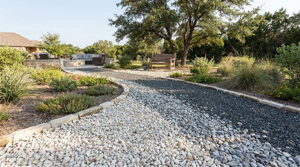 A garden pathway showing a gradual transition from light to dark gravel colors, with white limestone at the entry blending into gray and charcoal gravel toward the destination area, demonstrating visual movement and artistic dimension in a gravel garden design.