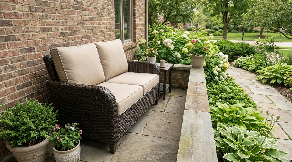 A two-seater compact outdoor loveseat measuring 48 inches wide, designed for intimate seating on narrow balconies. Features slimline design with depth under 30 inches, synthetic wicker over powder-coated aluminum for durability, and cushions in performance fabrics that dry quickly and resist mildew in humid coastal environments.