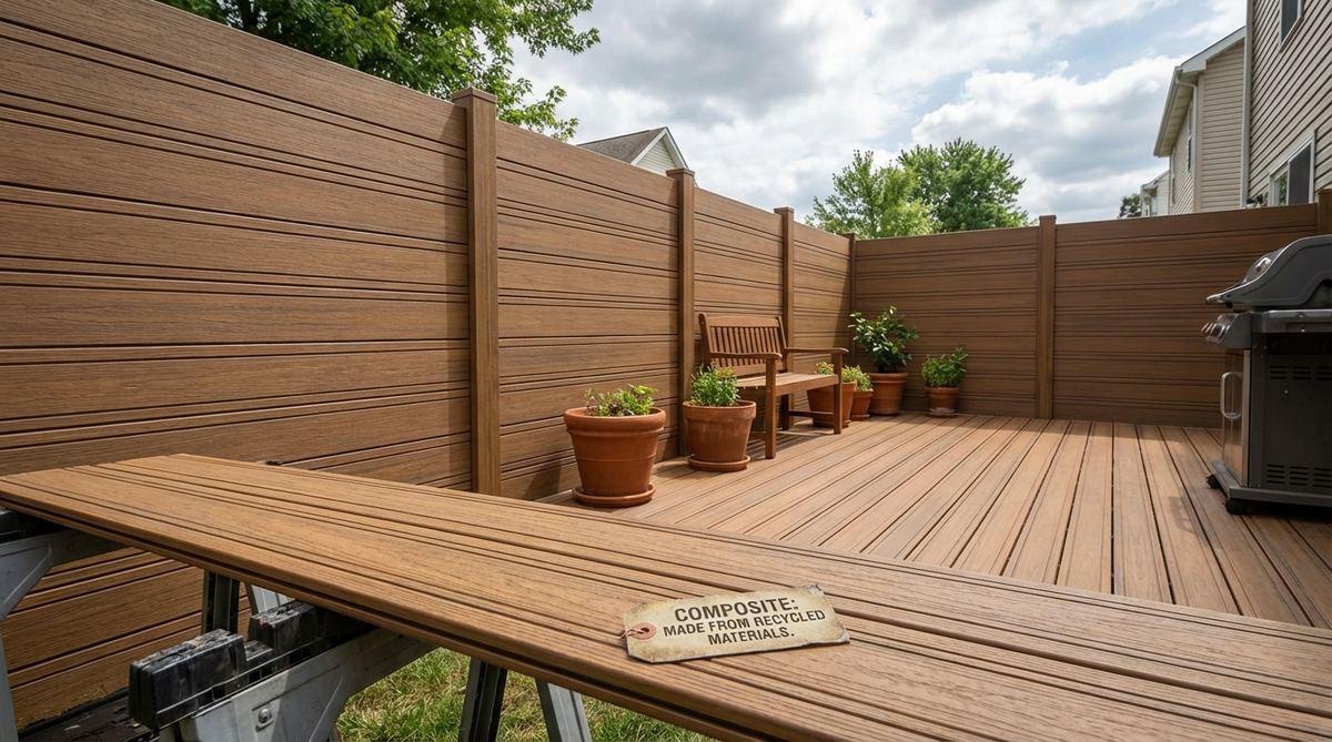 A composite deck board fence in a small garden setting, showing how repurposed composite decking creates coordinated outdoor spaces with matching deck and fence finishes. The grooved surfaces designed for deck traction add subtle texture to the vertical fence application, while the composite material maintains consistent color without seasonal maintenance. The hollow core construction reduces weight for easier installation, offering sustainability benefits by utilizing materials proven for exterior exposure in demanding applications.