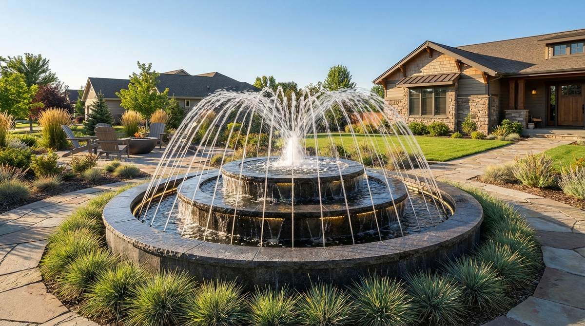 A modern garden fountain featuring concentric circular rings arranged in tiers, directing water radially outward in a symmetrical 350-degree display. The geometric design includes internal channels controlling flow direction and velocity, with adjustable ring thickness and spacing to fit various garden sizes. Suitable for central placement with integrated lighting within the structure.