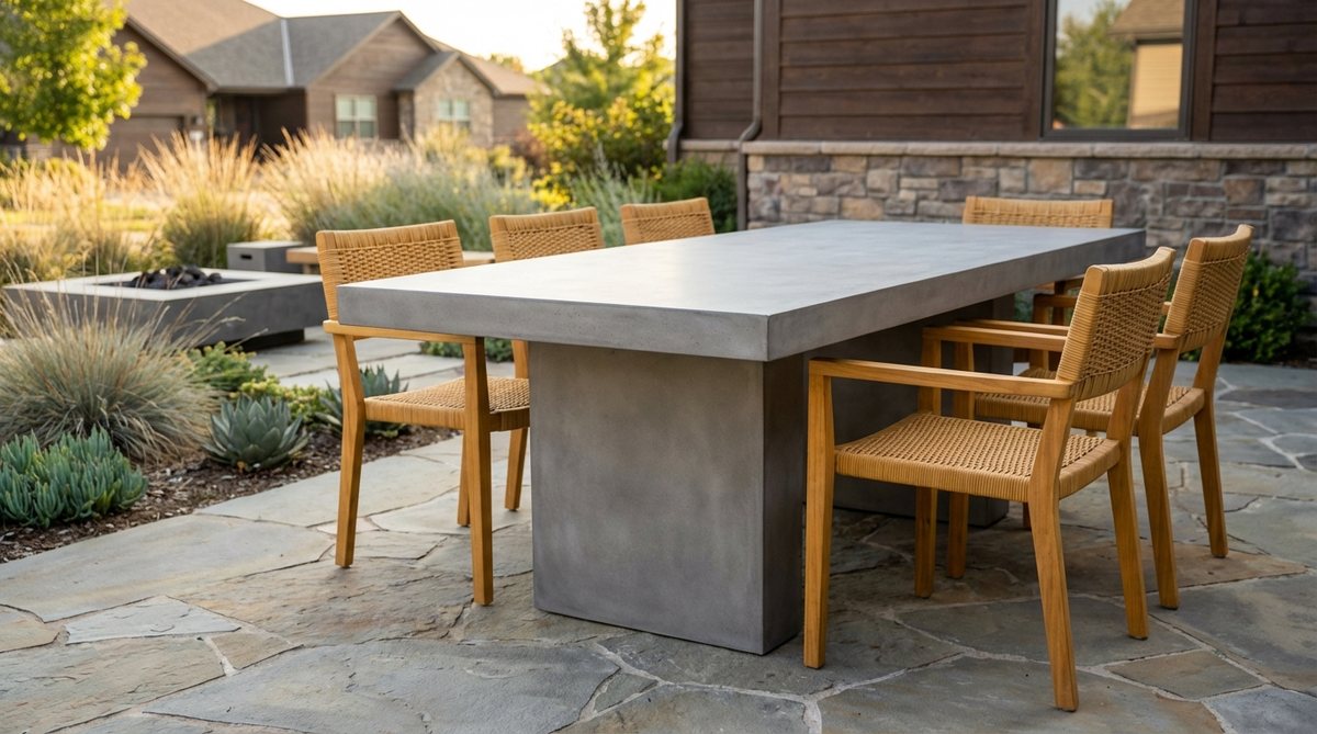 A contemporary garden table and chairs set featuring a solid concrete plinth-style table with clean lines, paired with warm teak chairs. The contrast of cool stone and golden wood creates a sophisticated and grounded look, suitable for modern and industrial homes. This durable composition is ideal for outdoor use, from family dinners to various activities.