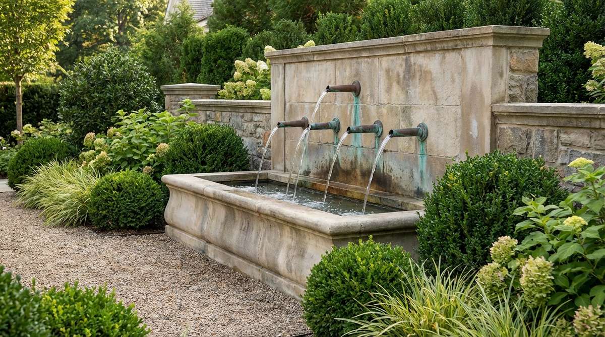 A classical stone garden fountain featuring copper spouts mounted in a stone wall. Water arcs from the spout openings into a wall-mounted basin, with the copper developing an attractive verdigris patina over time. This European-influenced style is ideal for formal gardens and Mediterranean landscapes, creating layered water sounds with multiple spouts at different heights.