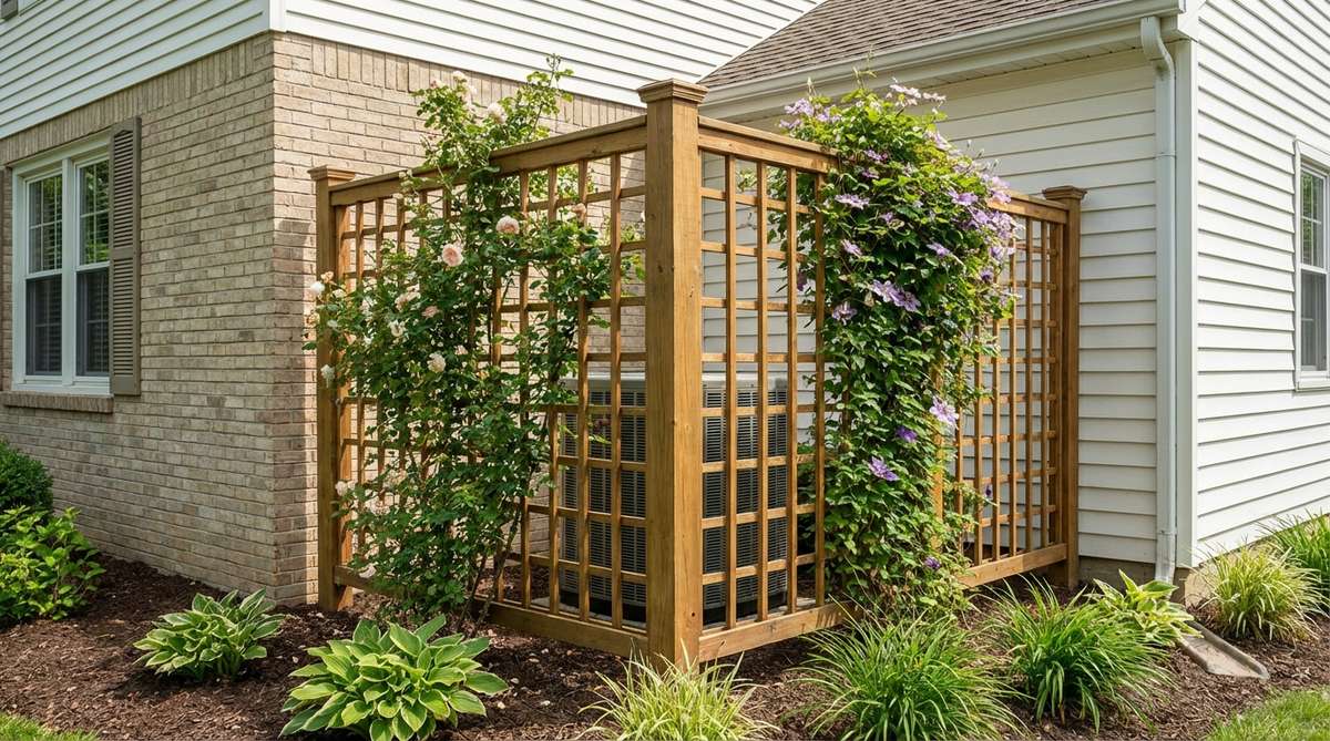 An L-shaped garden trellis installed at a building corner, showcasing how it maximizes growing space by softening harsh architectural angles. The design is ideal for camouflaging air conditioning units or utility areas while providing greater surface area than flat panels, with adequate standoff from walls to ensure airflow and prevent moisture issues.